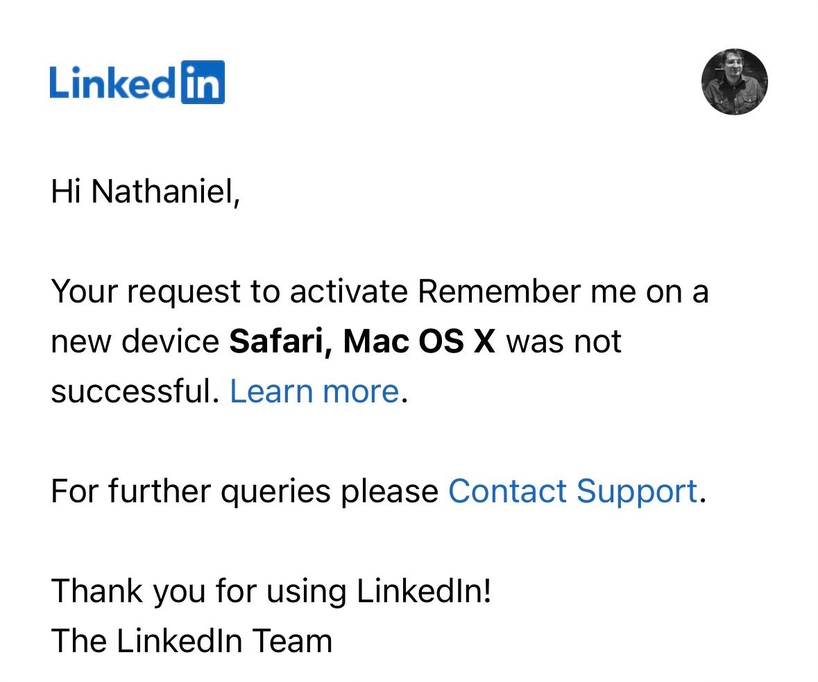 A LinkedIn notification states that an attempt to activate Remember Me on a new device, Safari on Mac OS X, was unsuccessful, advising to learn more or contact support.