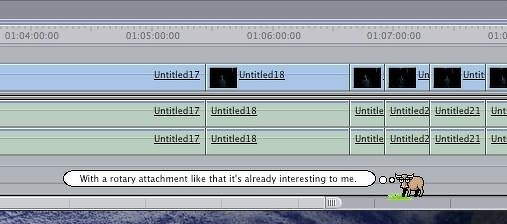 Auto-generated description: A video editing timeline is displayed, with a small cartoon character at the bottom saying, 'With a rotary attachment like that it’s already interesting to me.'